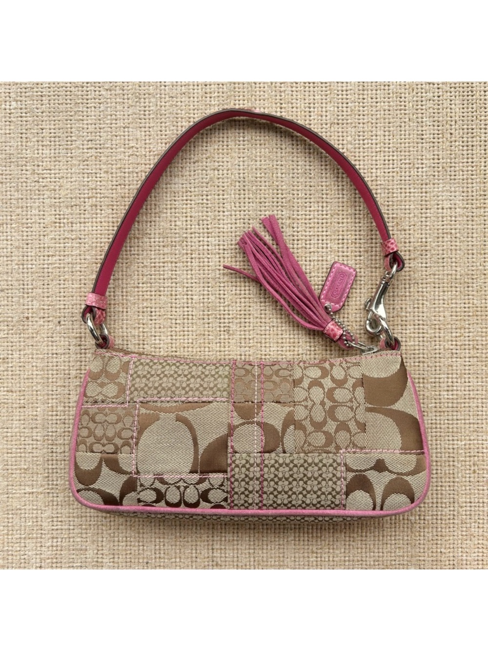 Coach Patchwork Logo Mini Shoulder Bag with Pink Trim